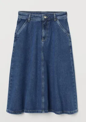 H&M Women's washed denim A-line midi skirt w/ diagonal side pockets, 4
