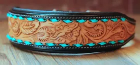 Handcrafted Padded Leather Tooled Dog Collar Leaf tooling and Teal lacing