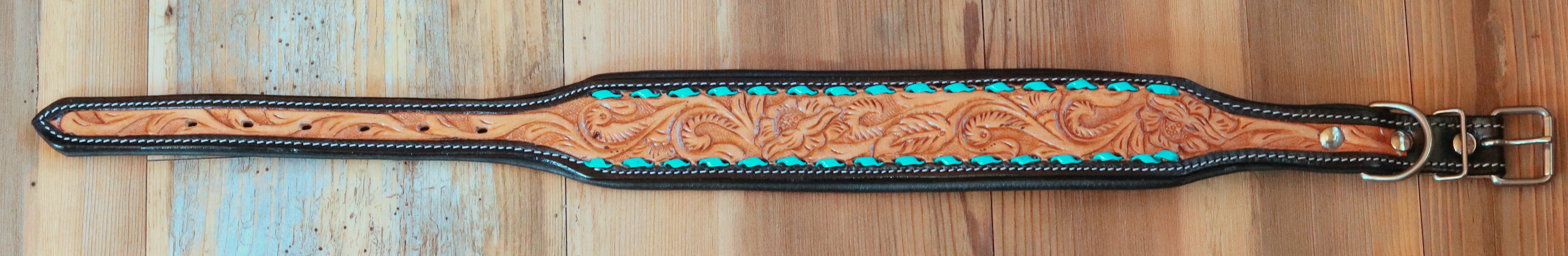 Handcrafted Padded Leather Tooled Dog Collar Leaf tooling and Teal lacing
