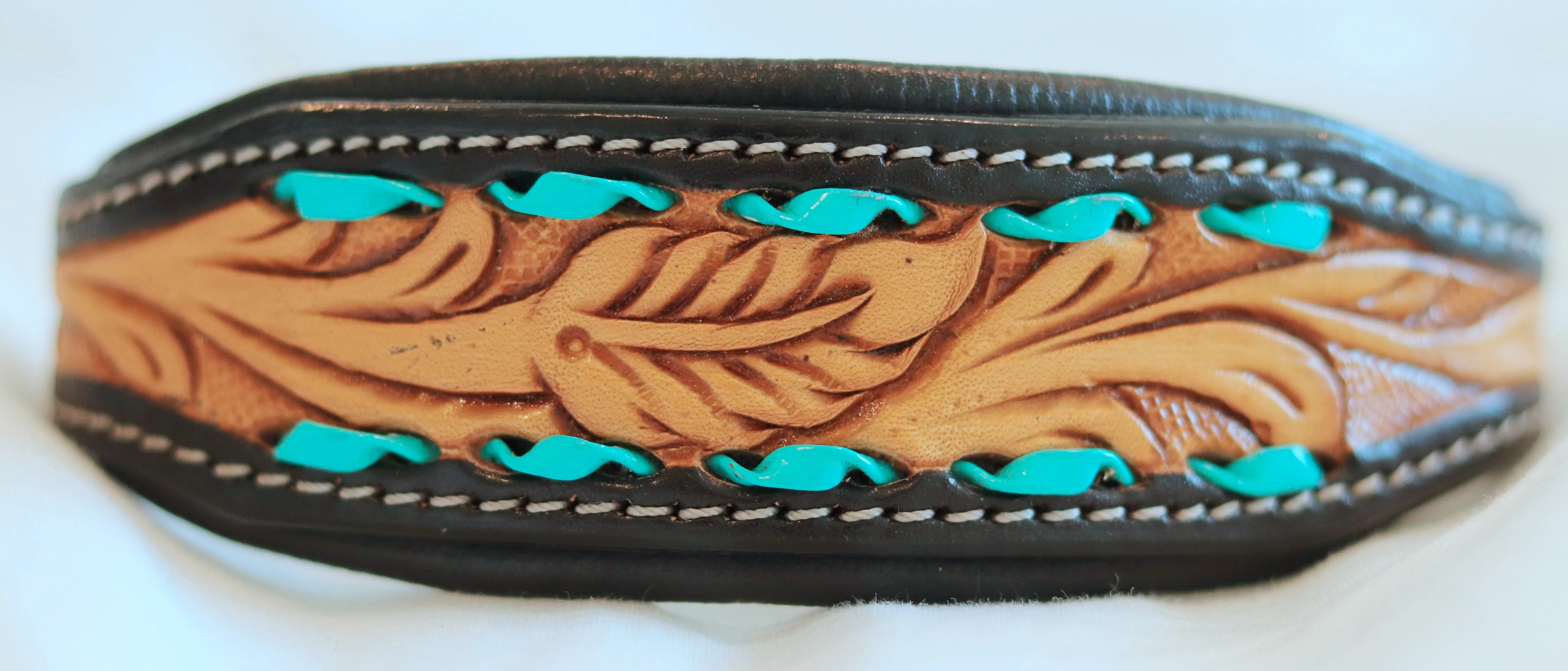 Handcrafted Padded Leather Tooled Dog Collar Leaf tooling and Teal lacing