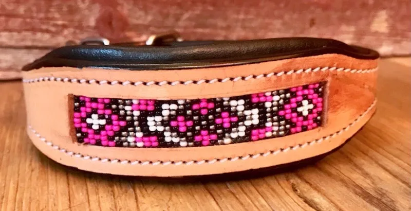 Handcrafted Padded Leather Tooled Dog Collar with Pink and Black Beading
