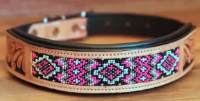 Handcrafted Padded Leather Tooled Dog Collar with Pink and Black Beading