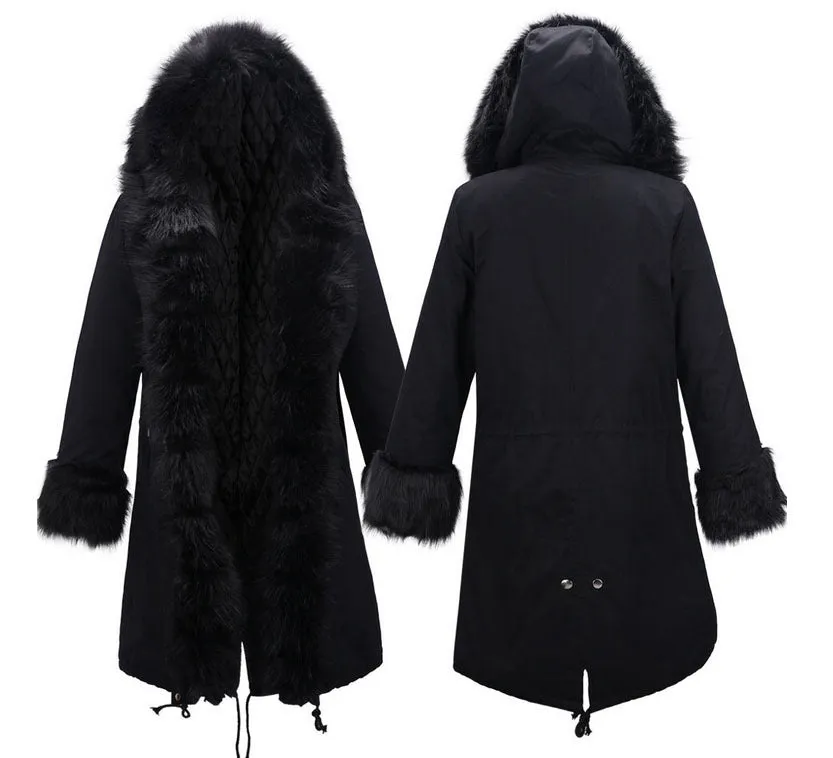 Hooded Faux Fur Cuff Long Cotton Coat