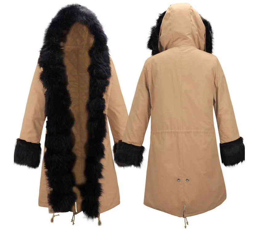 Hooded Faux Fur Cuff Long Cotton Coat