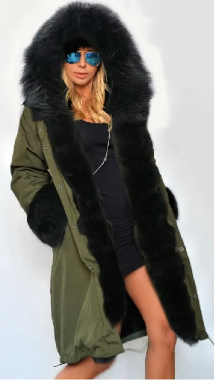 Hooded Faux Fur Cuff Long Cotton Coat