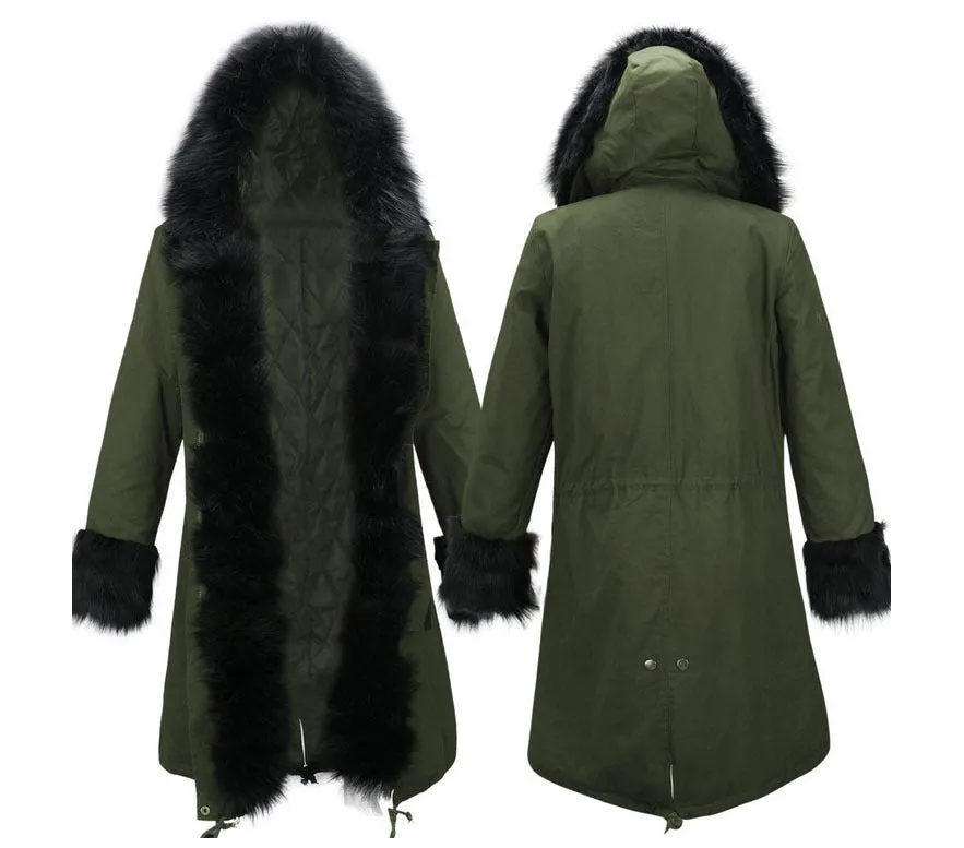 Hooded Faux Fur Cuff Long Cotton Coat