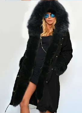 Hooded Faux Fur Cuff Long Cotton Coat