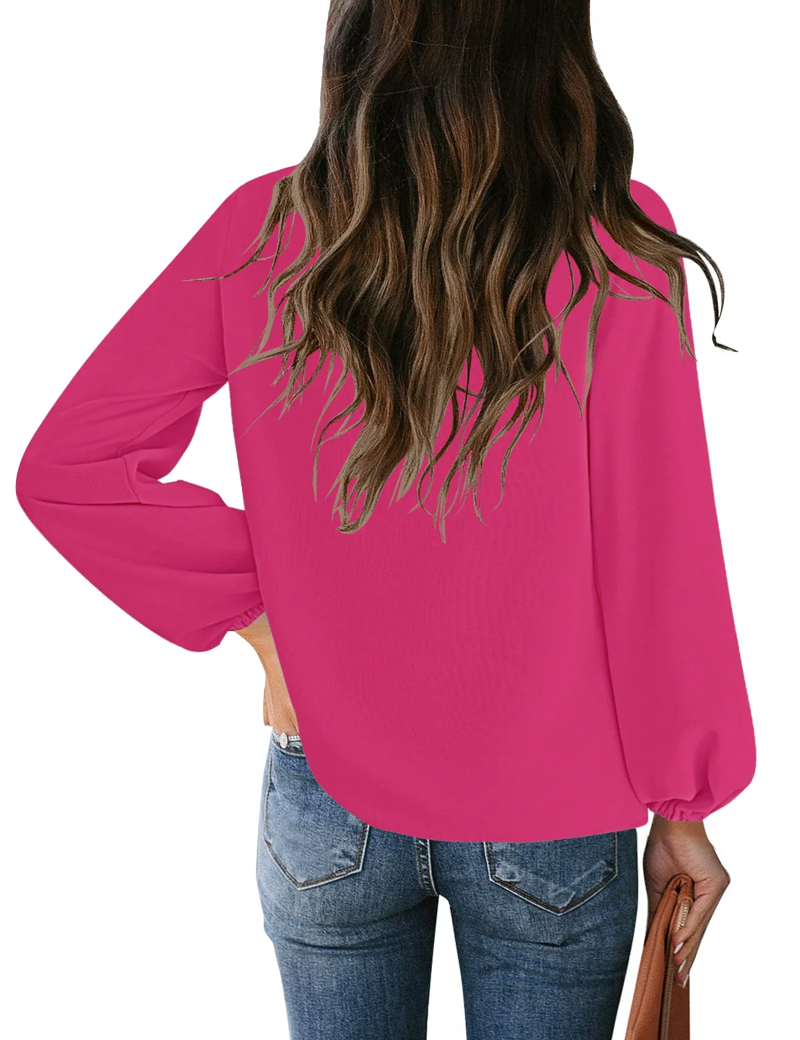 Hot Pink V-Neckline Bishop Sleeves Loose Fit Women's Top