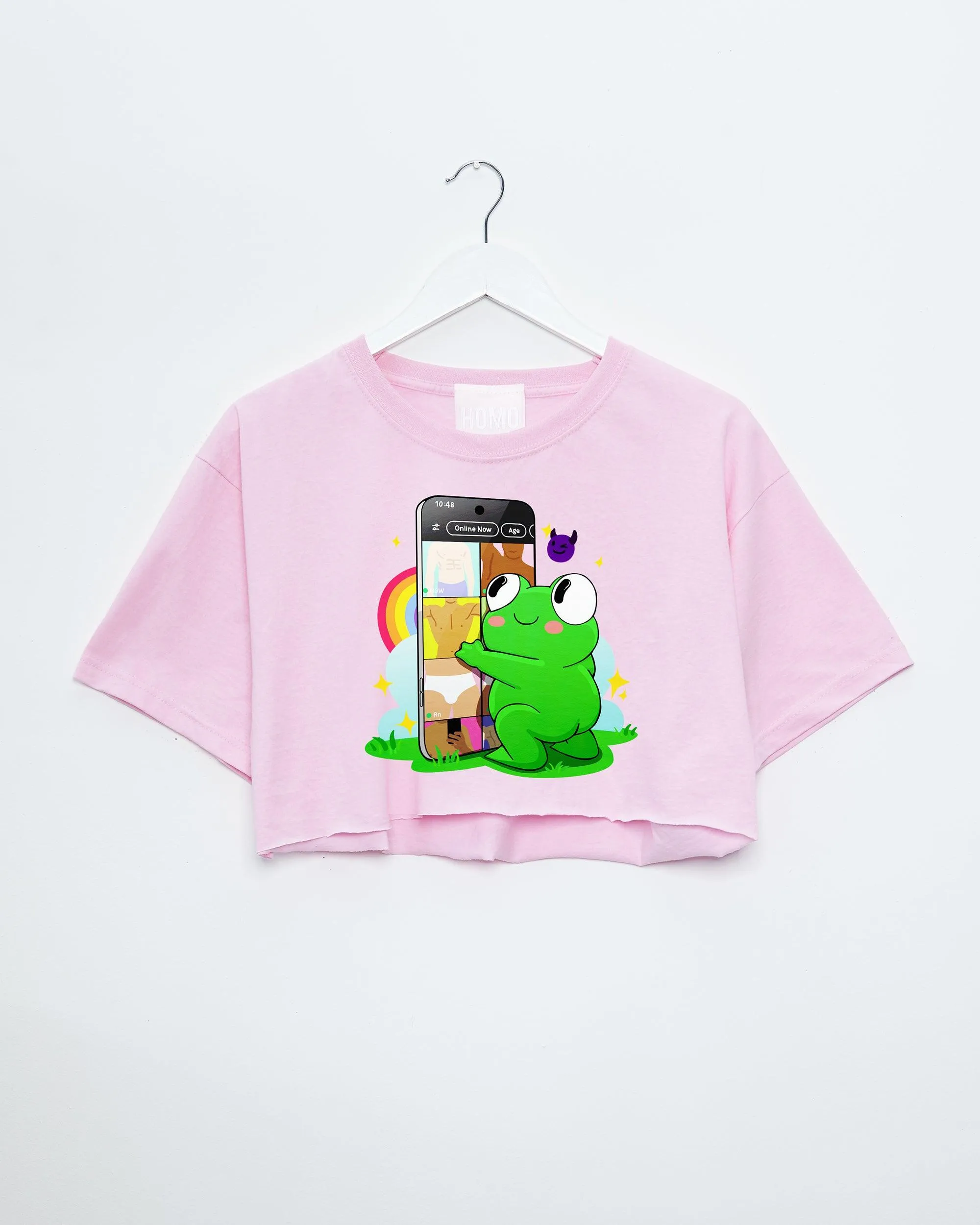 Introducing Hoppy: Your Playful Dating App Addict on pink, mens crop top