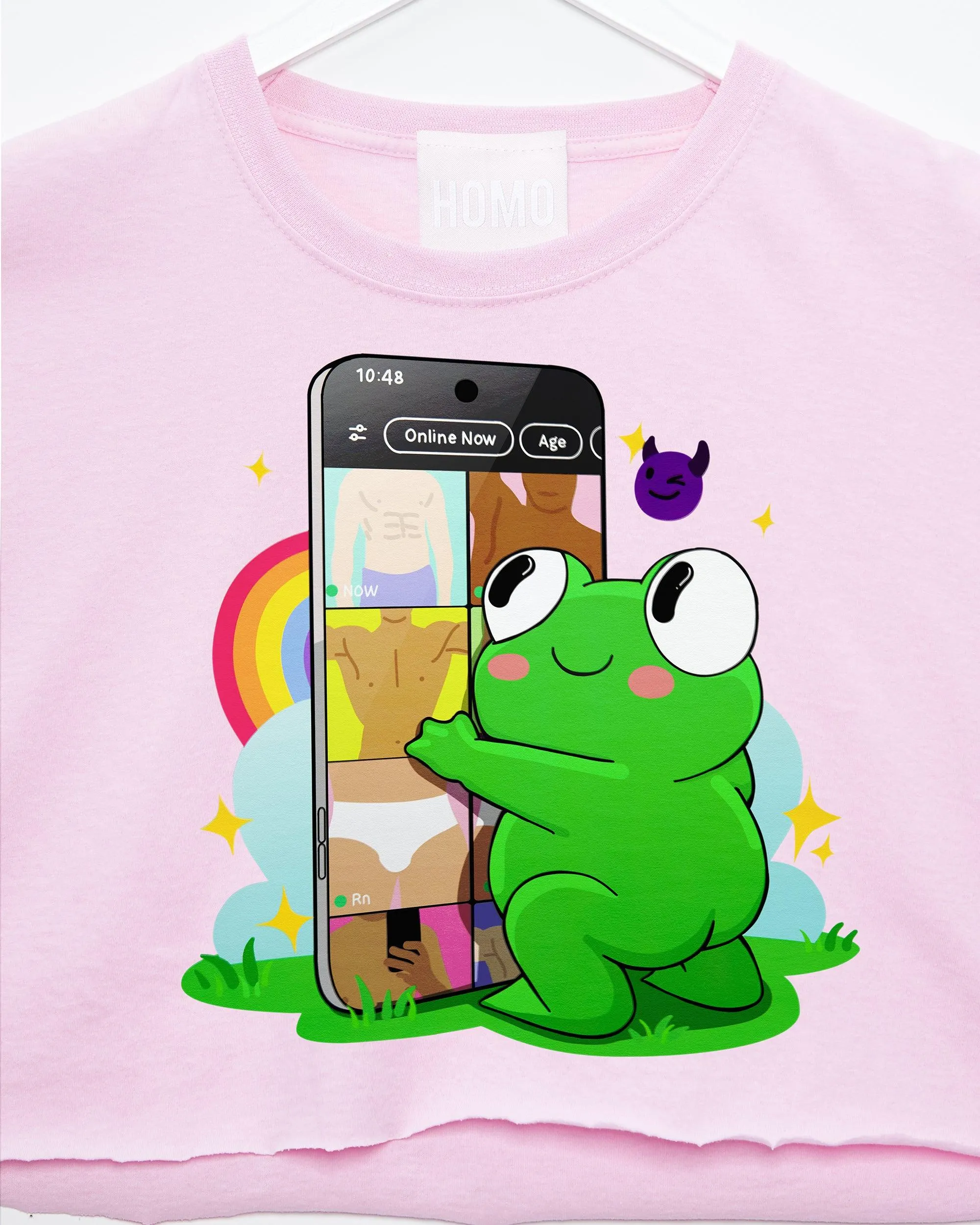Introducing Hoppy: Your Playful Dating App Addict on pink, mens crop top