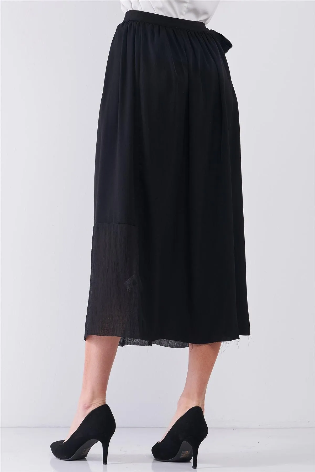 Jet Black Matted Effect Self-Tie Side Detail High Waist Mesh Bottom Hem A-Line Flare Midi Skirt /3-2-1