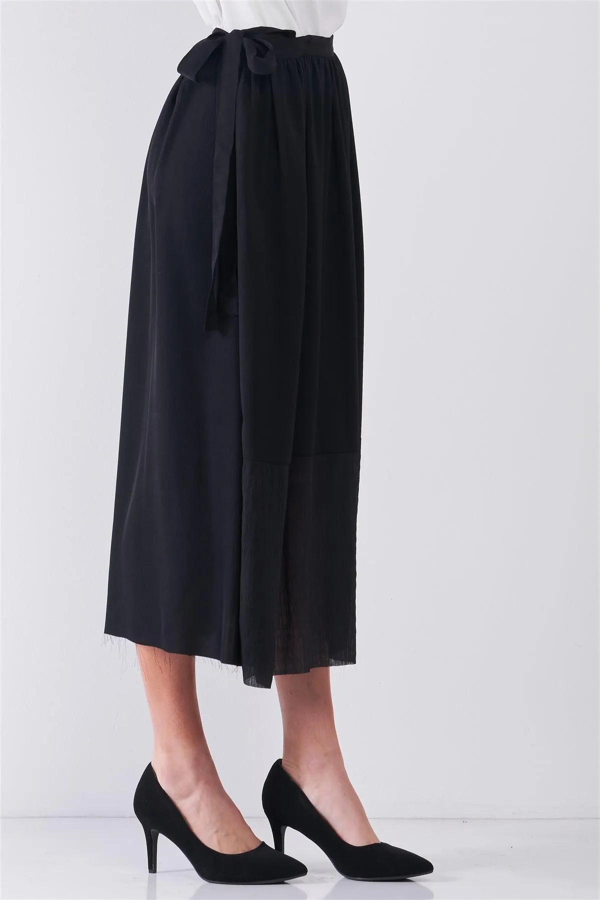 Jet Black Matted Effect Self-Tie Side Detail High Waist Mesh Bottom Hem A-Line Flare Midi Skirt /3-2-1