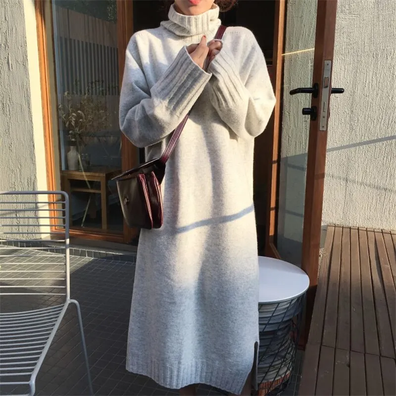 Joskaa Christmas Gift Women'S One-Piece Knitted Sweater Dress 2024 New Autumn And Winter Retro Loose Split Dress Korean Women'S Knitted Dress
