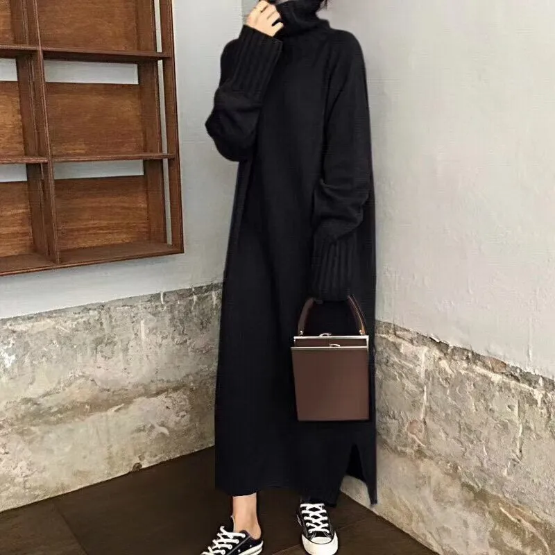 Joskaa Christmas Gift Women'S One-Piece Knitted Sweater Dress 2024 New Autumn And Winter Retro Loose Split Dress Korean Women'S Knitted Dress