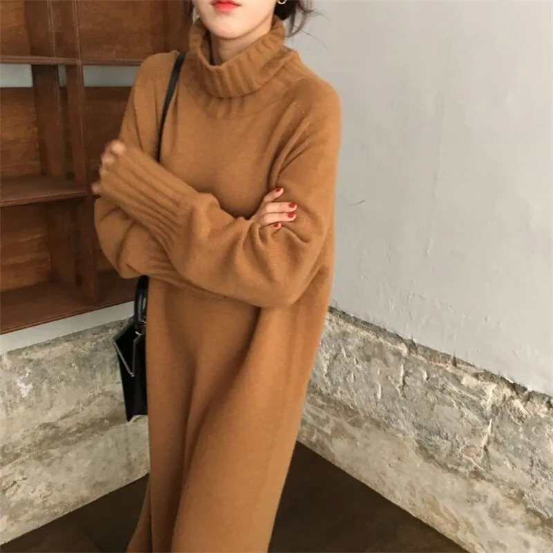 Joskaa Christmas Gift Women'S One-Piece Knitted Sweater Dress 2024 New Autumn And Winter Retro Loose Split Dress Korean Women'S Knitted Dress