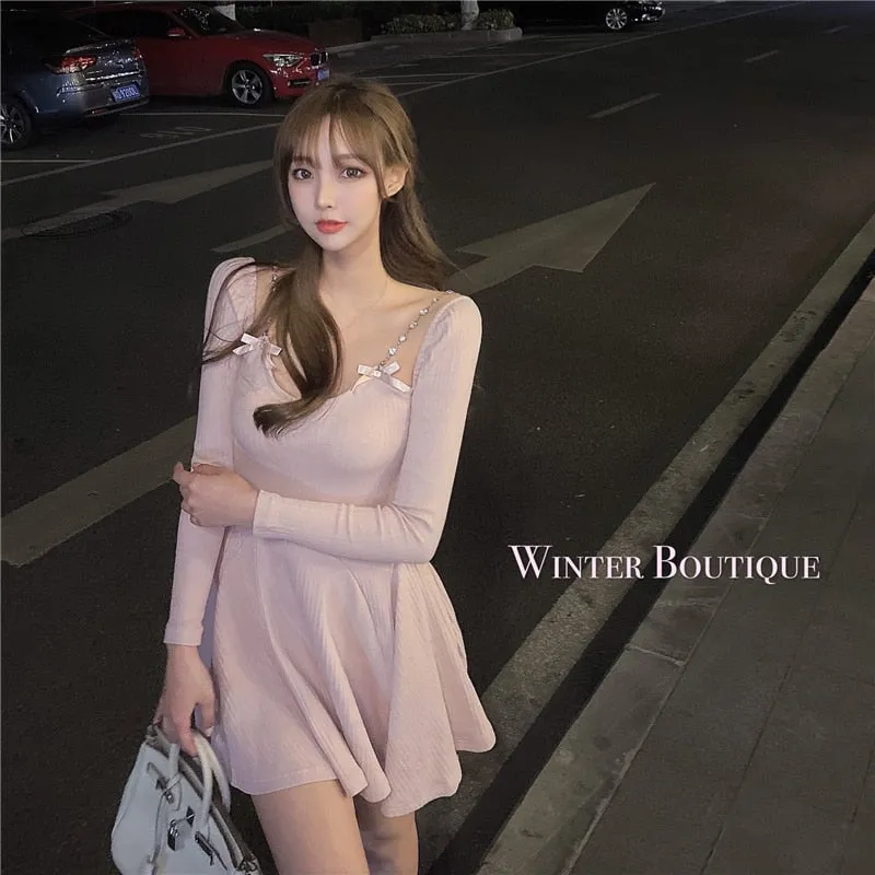 Joskaa hoco dresses Knit One-Piece Dress Korean 2024 Spring Casual Long Sleeve Sexy Sweater Mini Dress Women Outwear Party Elegant Dress Female Cute