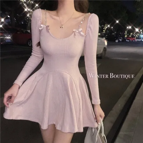 Joskaa hoco dresses Knit One-Piece Dress Korean 2024 Spring Casual Long Sleeve Sexy Sweater Mini Dress Women Outwear Party Elegant Dress Female Cute