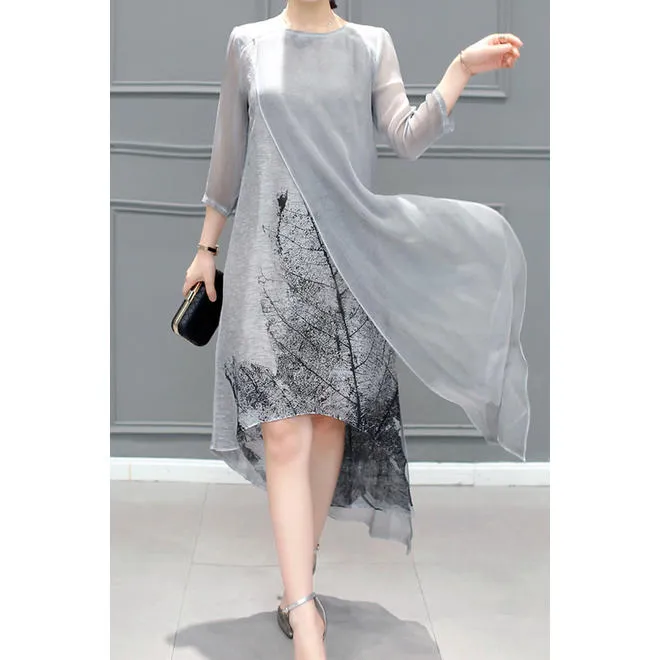 Ketty More Women Long Sleeve Flower Printed Summer Casual Round Neck Lightweight Dress-KMWDC2072