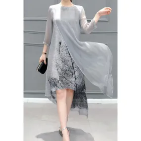 Ketty More Women Long Sleeve Flower Printed Summer Casual Round Neck Lightweight Dress-KMWDC2072