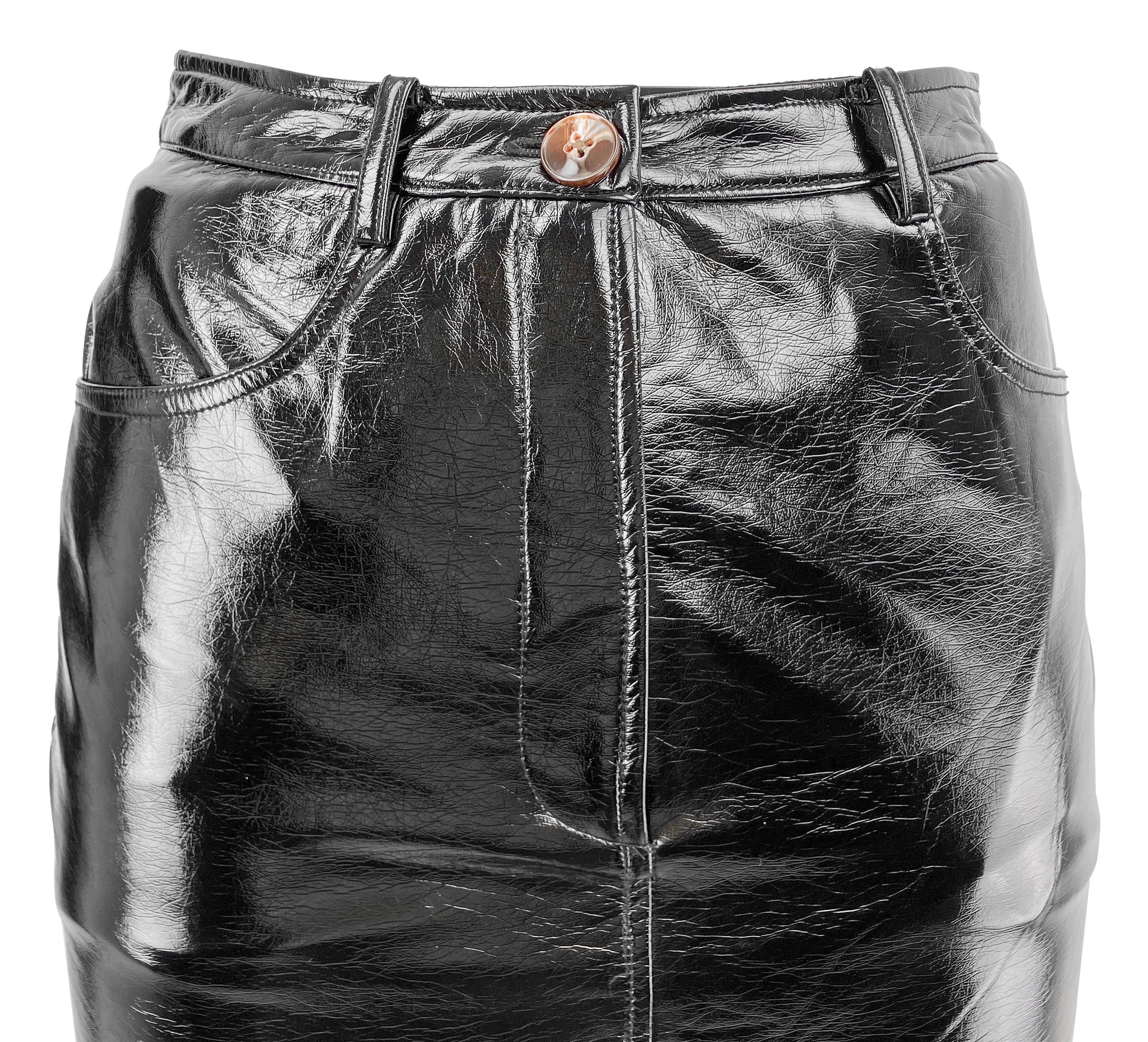 Kitri Faux Patent Leather Midi Skirt in Black