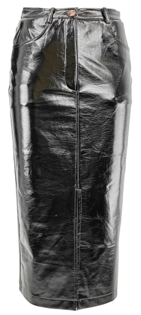 Kitri Faux Patent Leather Midi Skirt in Black