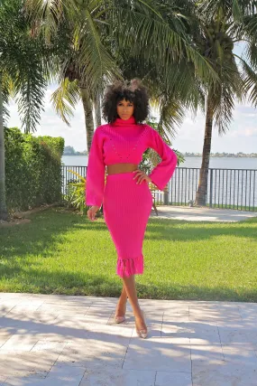 Knitted Sweater Skirt Set- Fuschia