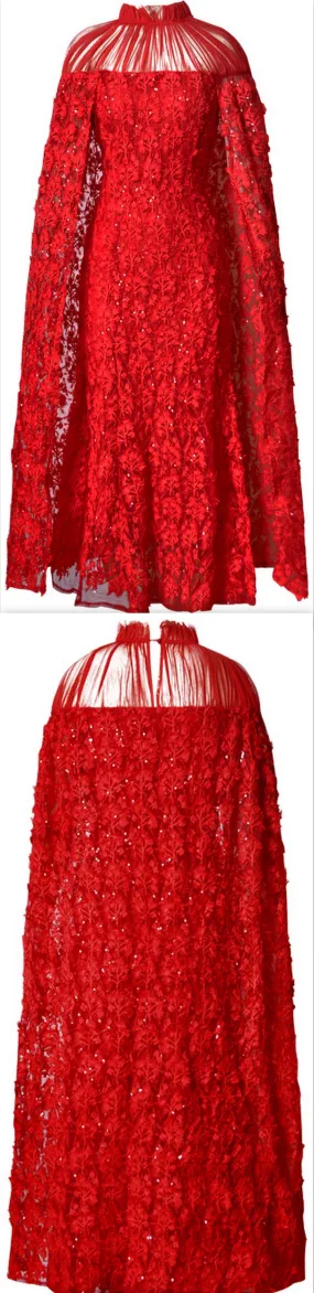 Lace & Mesh Gown with Cape