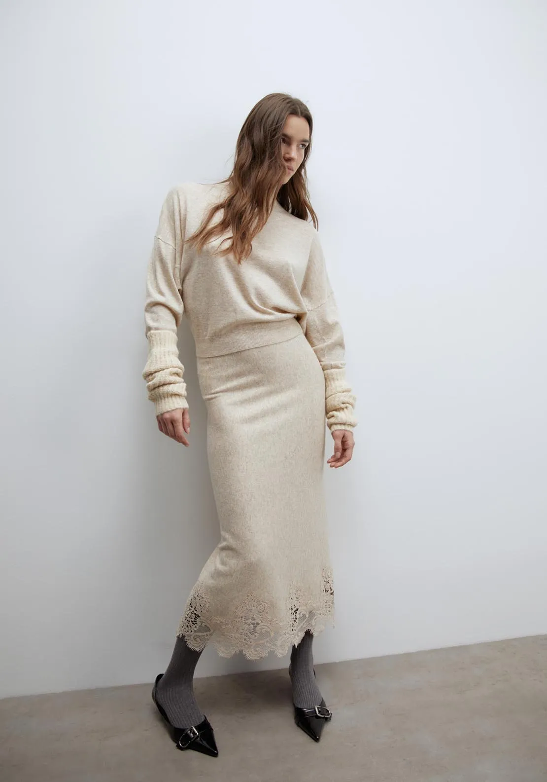 Lace detail midi skirt - Melange Mink