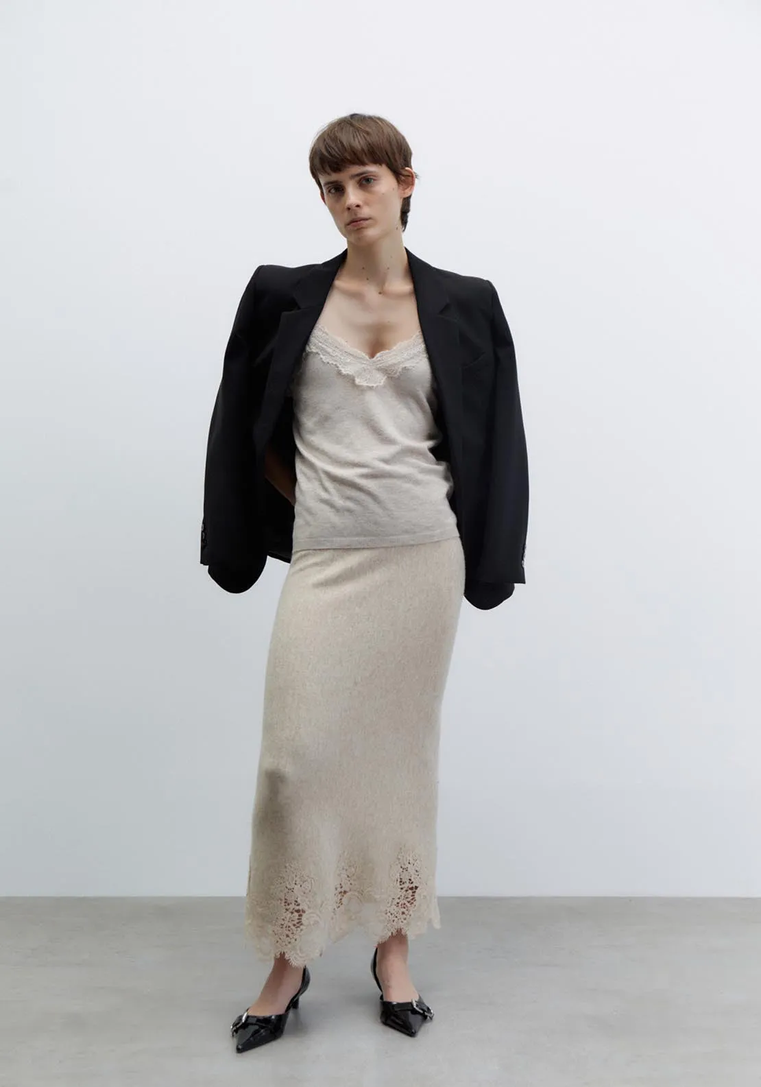 Lace detail midi skirt - Melange Mink