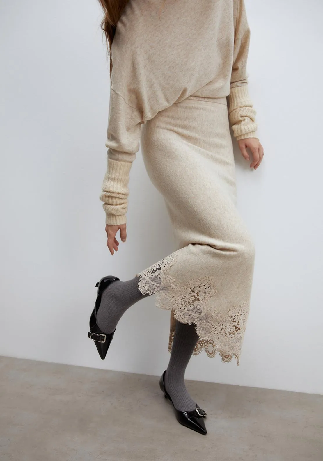 Lace detail midi skirt - Melange Mink