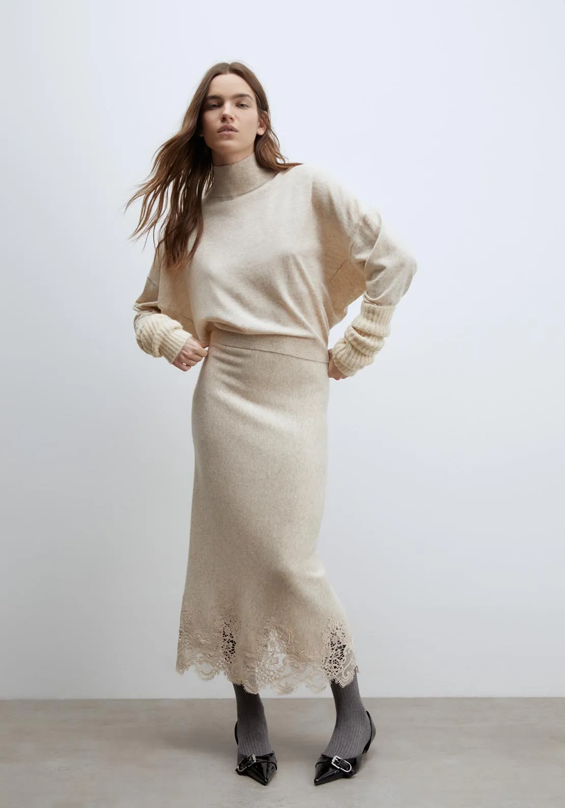 Lace detail midi skirt - Melange Mink