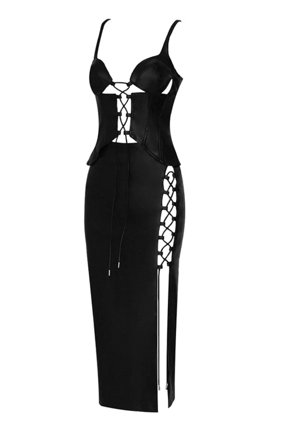 Lace Up PU Leather Cami and Split Skirt Set