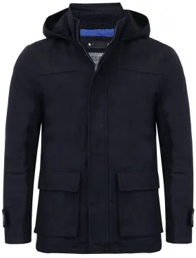 Lackland Wool Rich Hooded Coat in Navy - Dissident