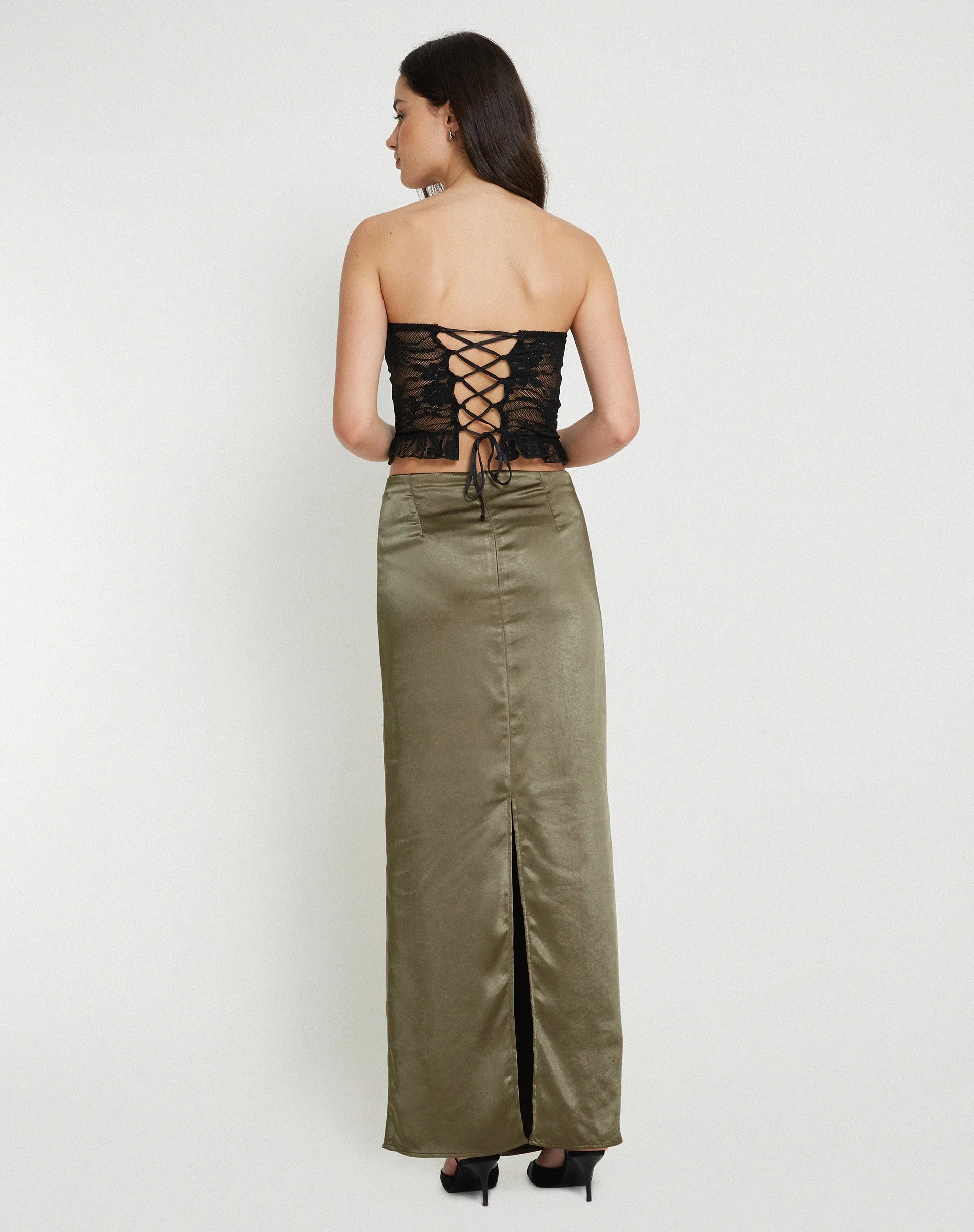 Layla Maxi Skirt in Satin Dark Olive