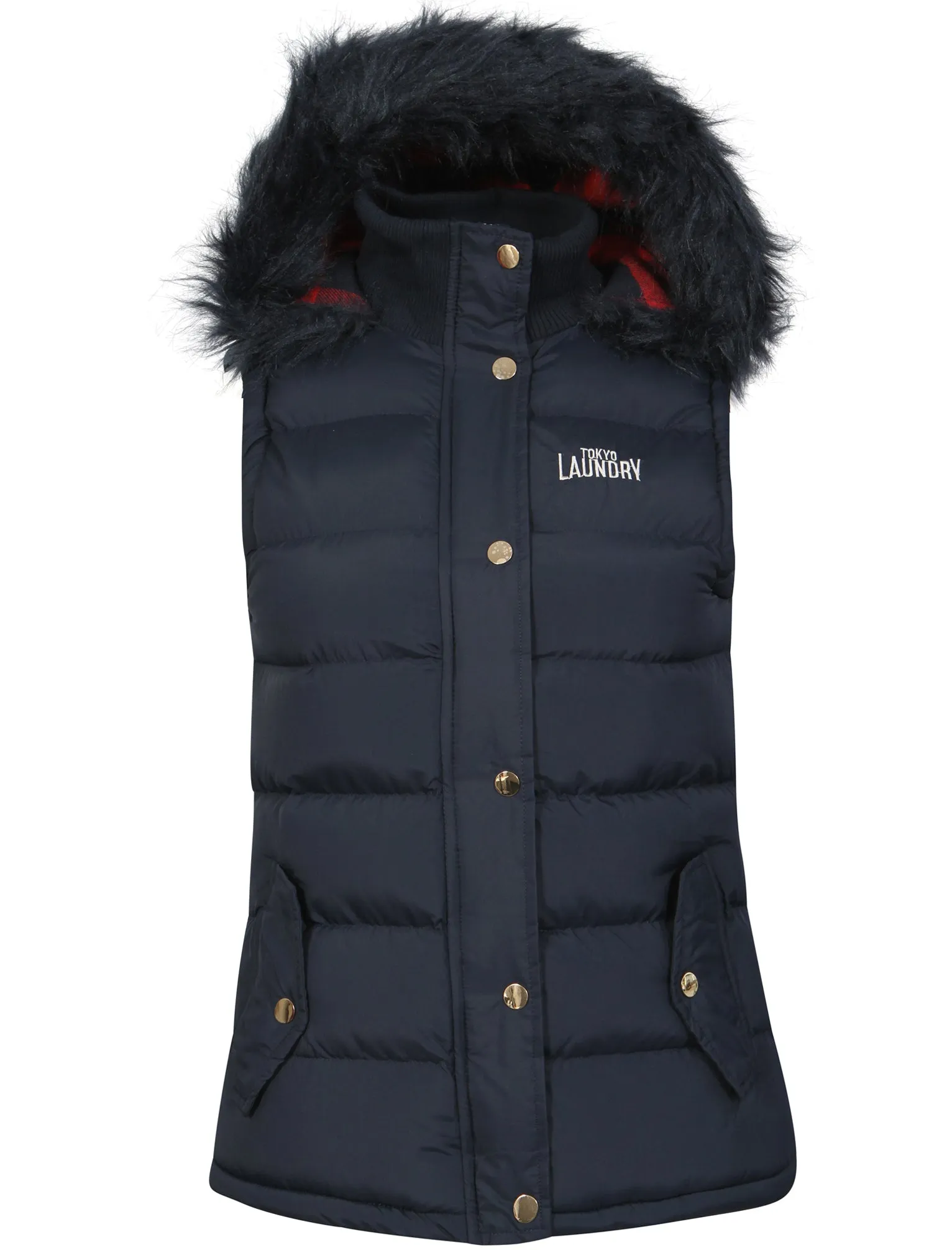 Liberty Fur Trim Hood Padded Gilet In Navy  - Tokyo Laundry