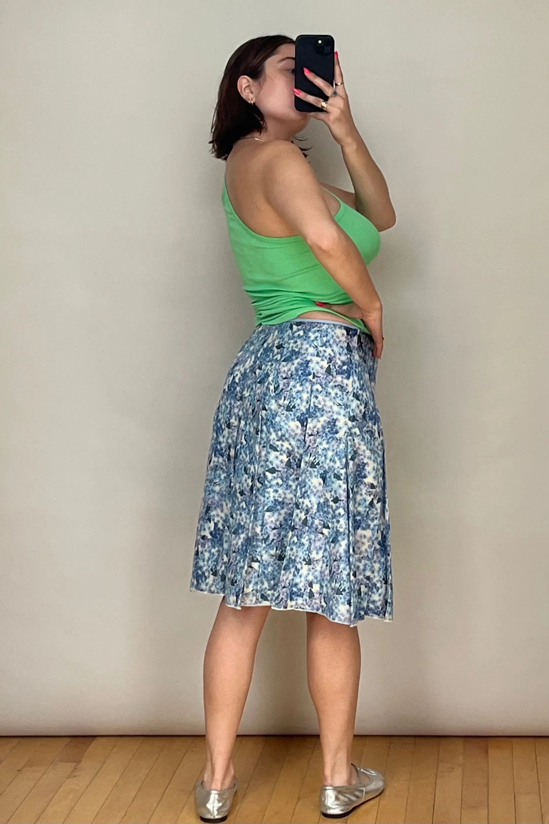 Light Blue & Multicolour Silk Floral Pleated Skirt