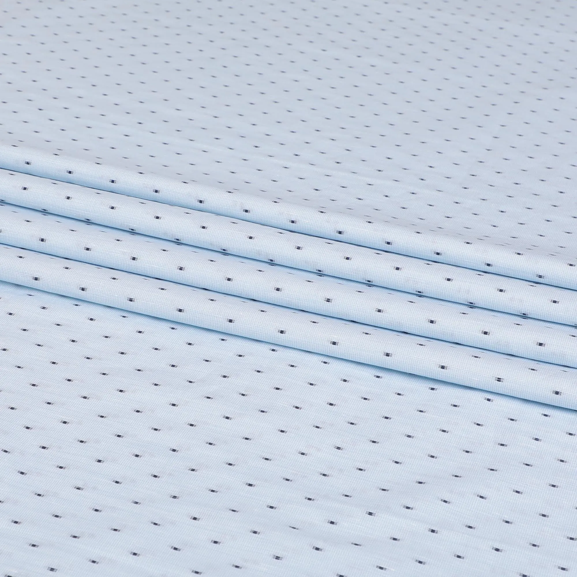 Light sky blue 100% cotton linen shirting fabric with navy blue jacquard in dot design-D7286