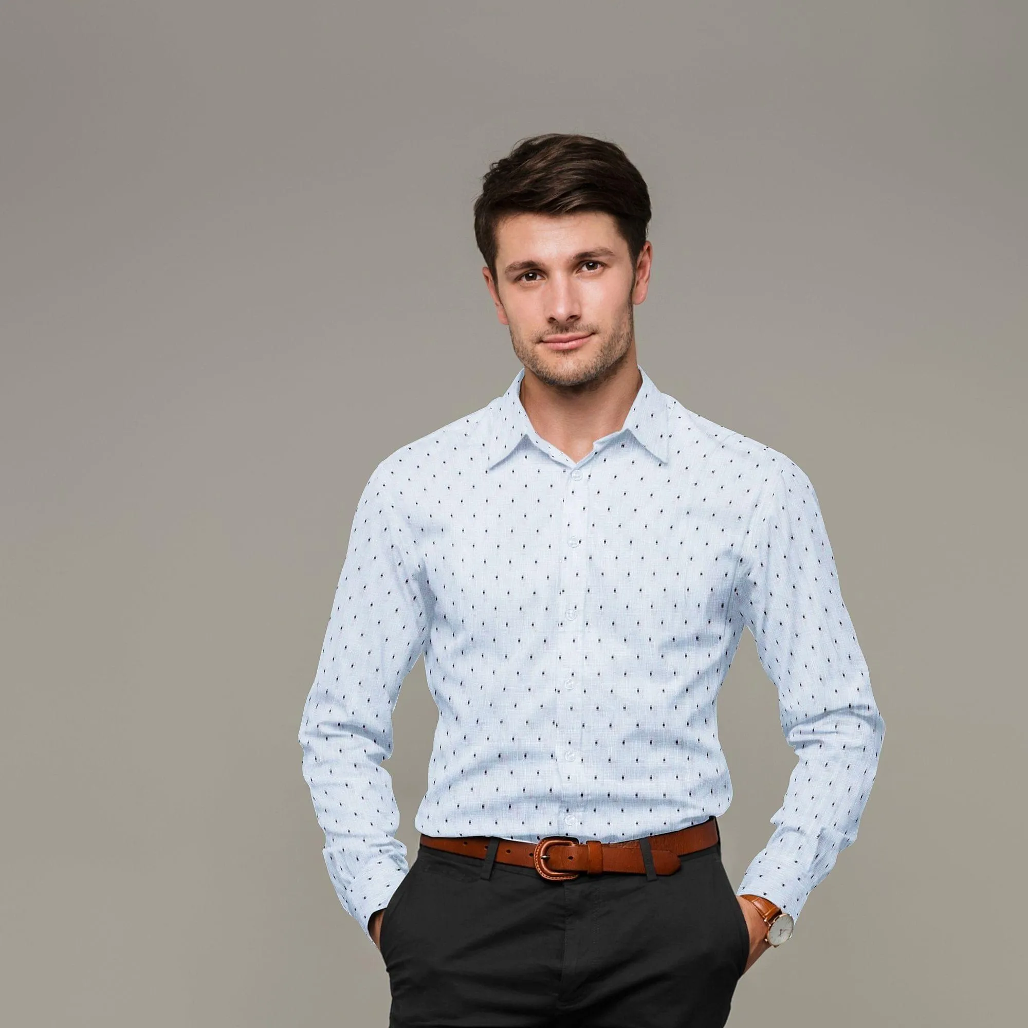 Light sky blue 100% cotton linen shirting fabric with navy blue jacquard in dot design-D7286
