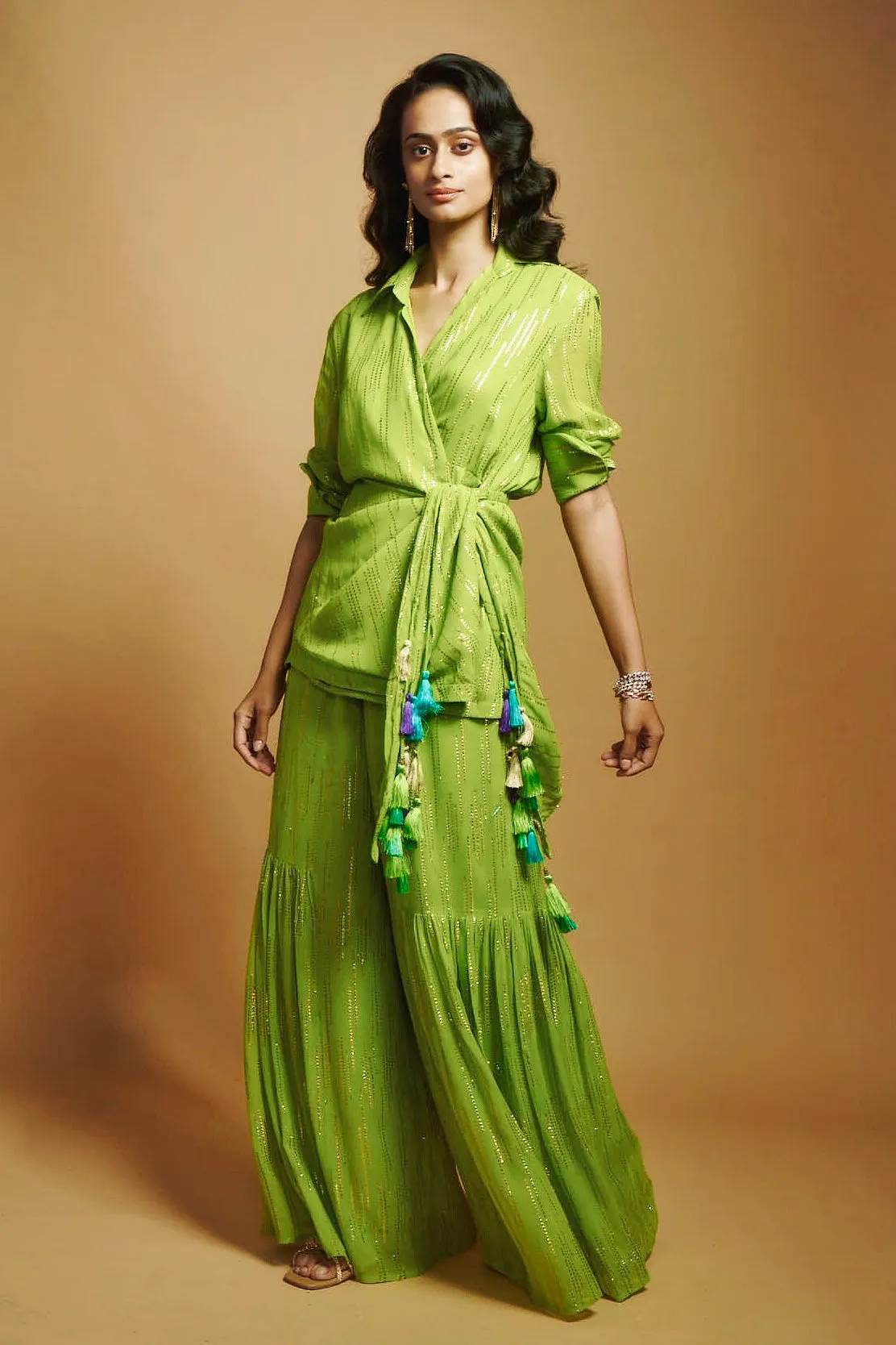LIME GREEN FLARED GHARARA PANTS