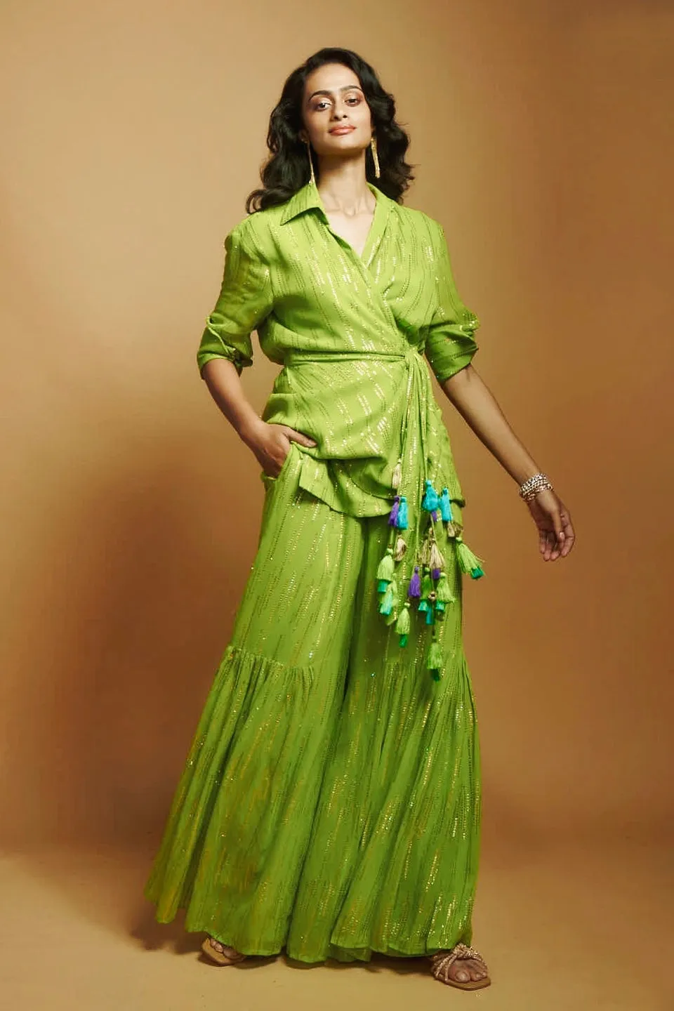 LIME GREEN FLARED GHARARA PANTS