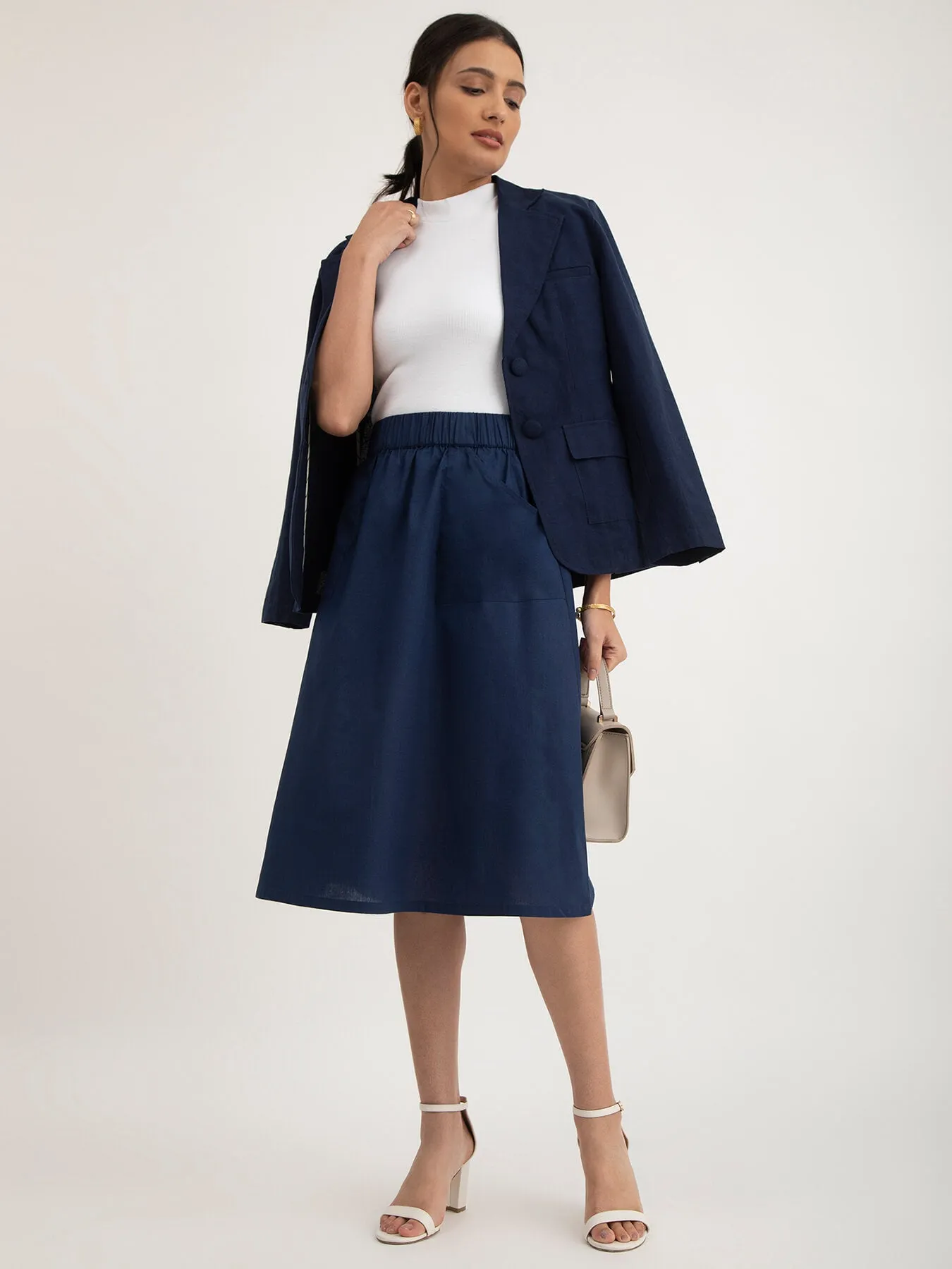 Linen Elasticated Belt Midi Skirt - Navy Blue