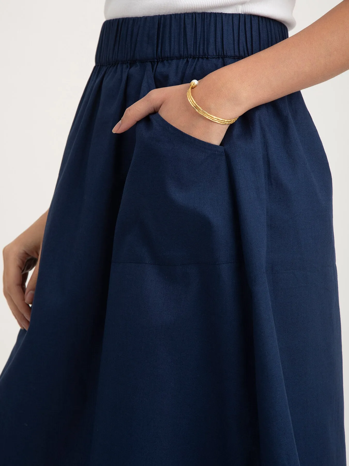 Linen Elasticated Belt Midi Skirt - Navy Blue