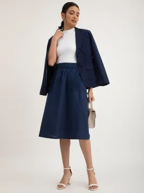 Linen Elasticated Belt Midi Skirt - Navy Blue