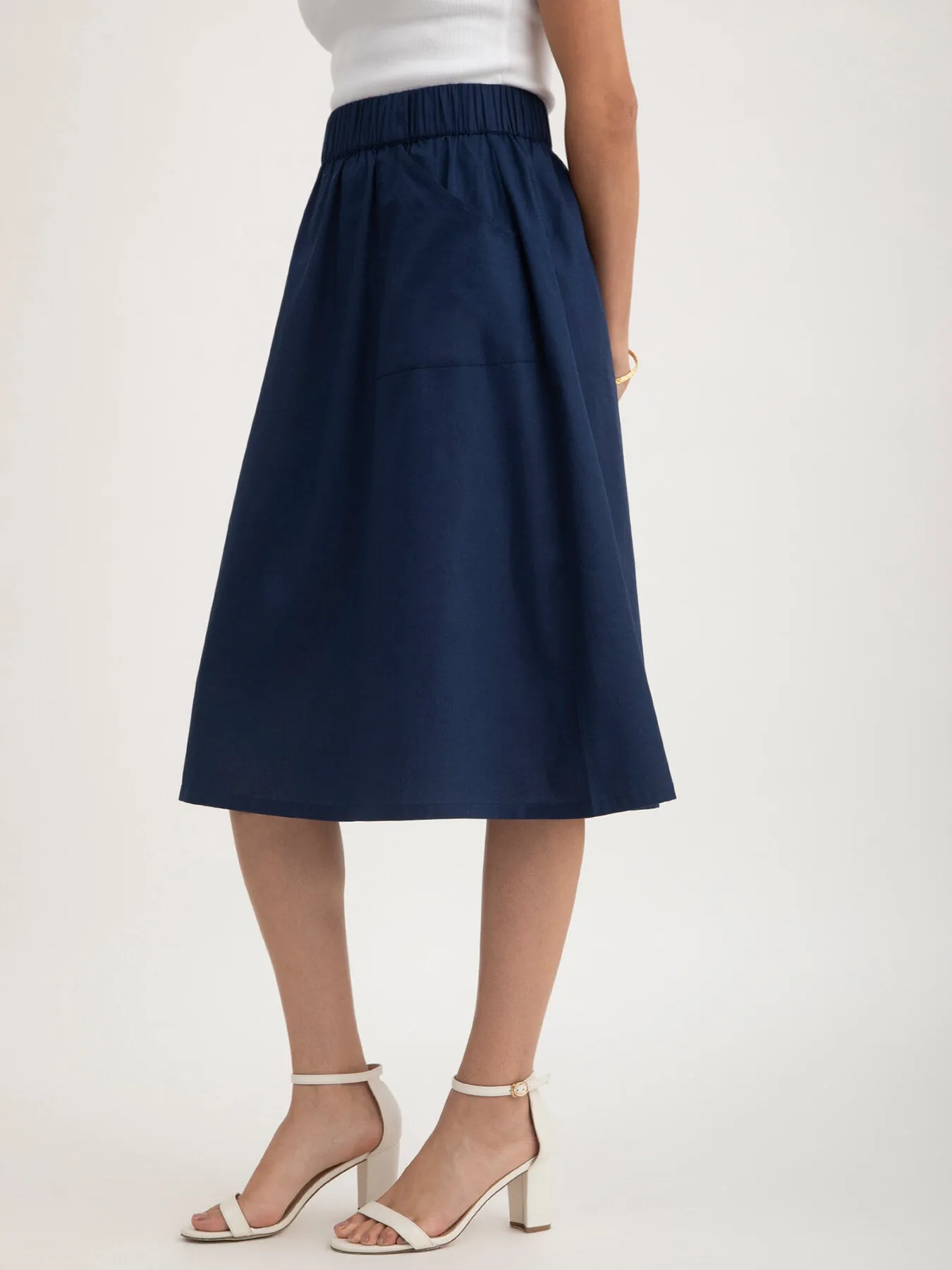 Linen Elasticated Belt Midi Skirt - Navy Blue