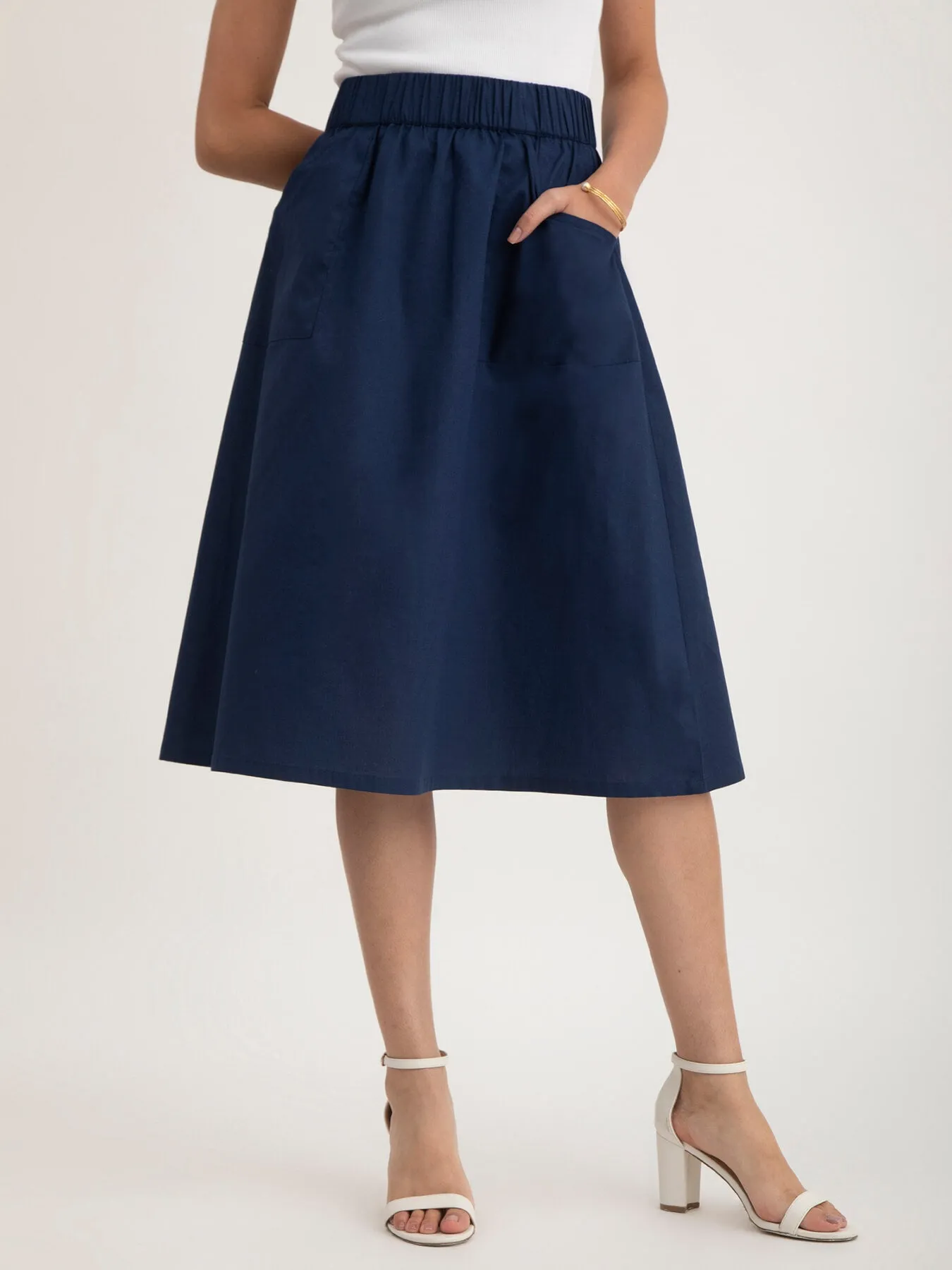 Linen Elasticated Belt Midi Skirt - Navy Blue