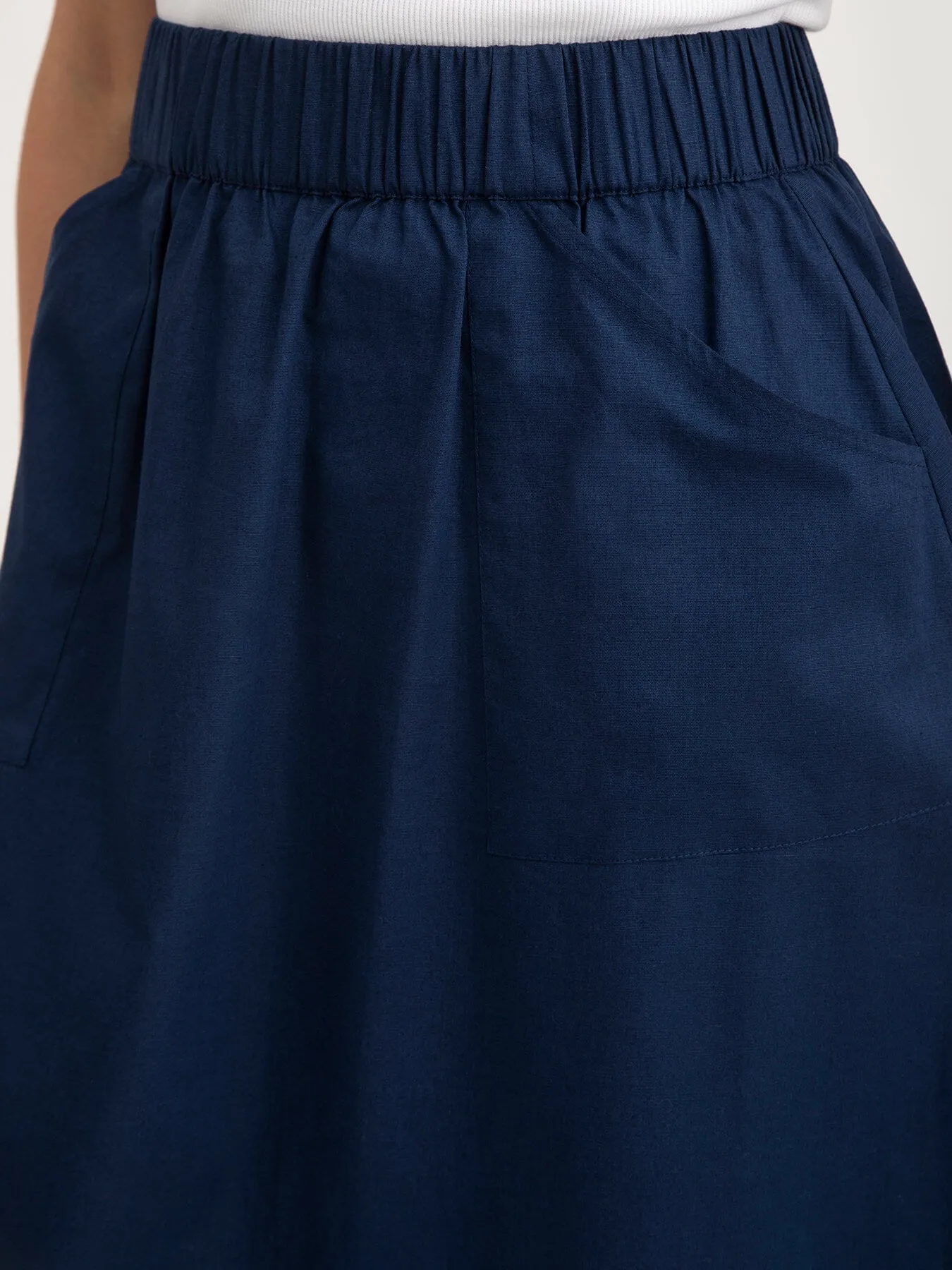Linen Elasticated Belt Midi Skirt - Navy Blue