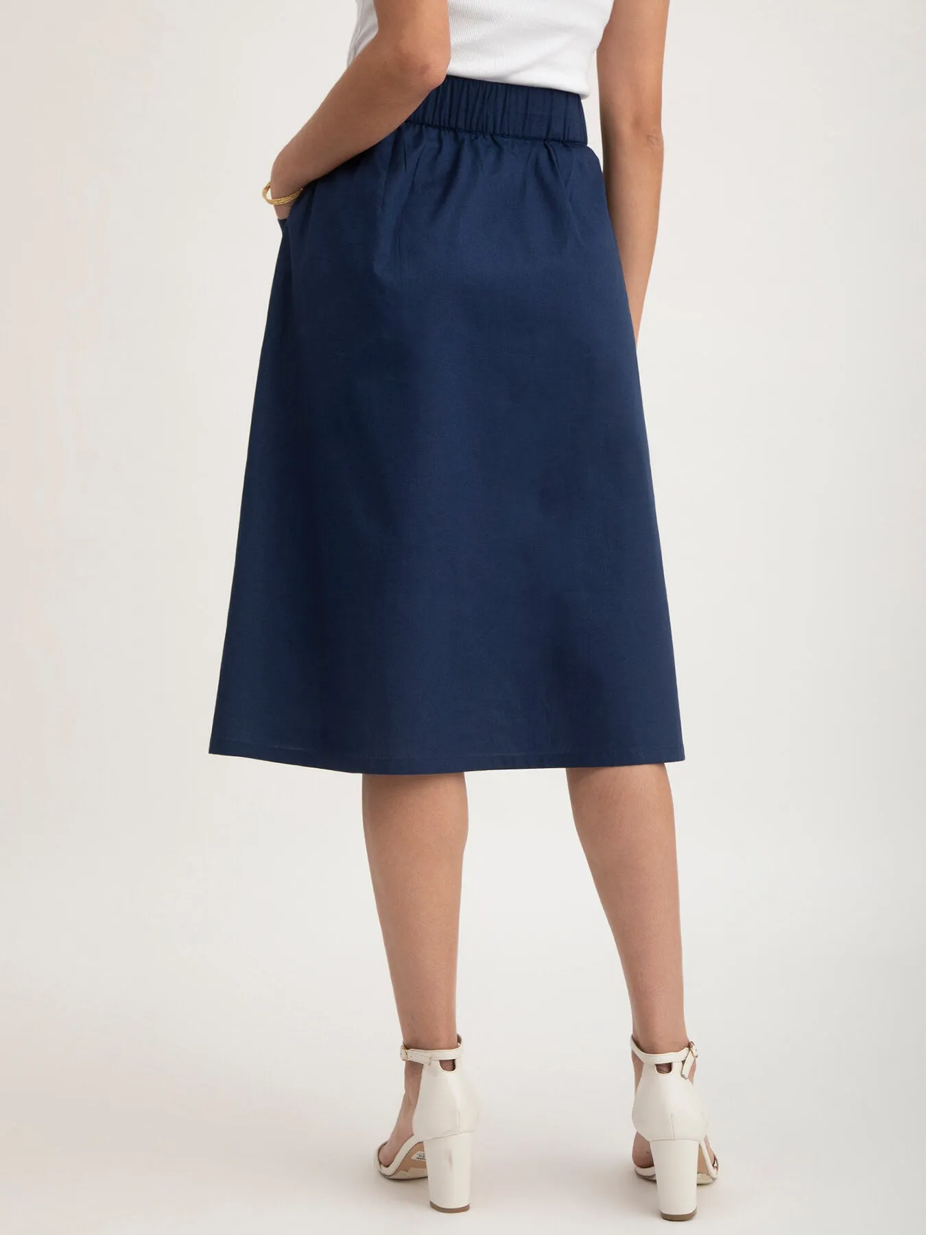 Linen Elasticated Belt Midi Skirt - Navy Blue