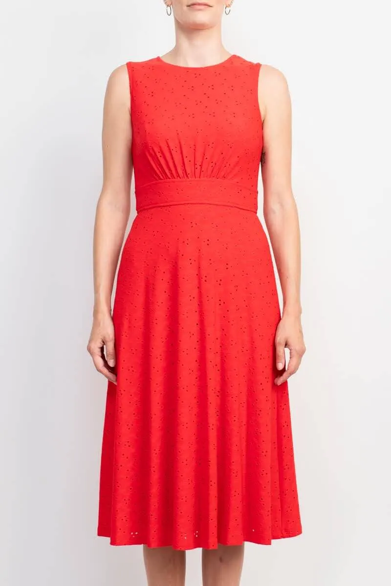 London Times Crew Neck Sleeveless Inset Waist Zipper Back Solid Fit & Flare Eyelet Embroidered Jersey Dress