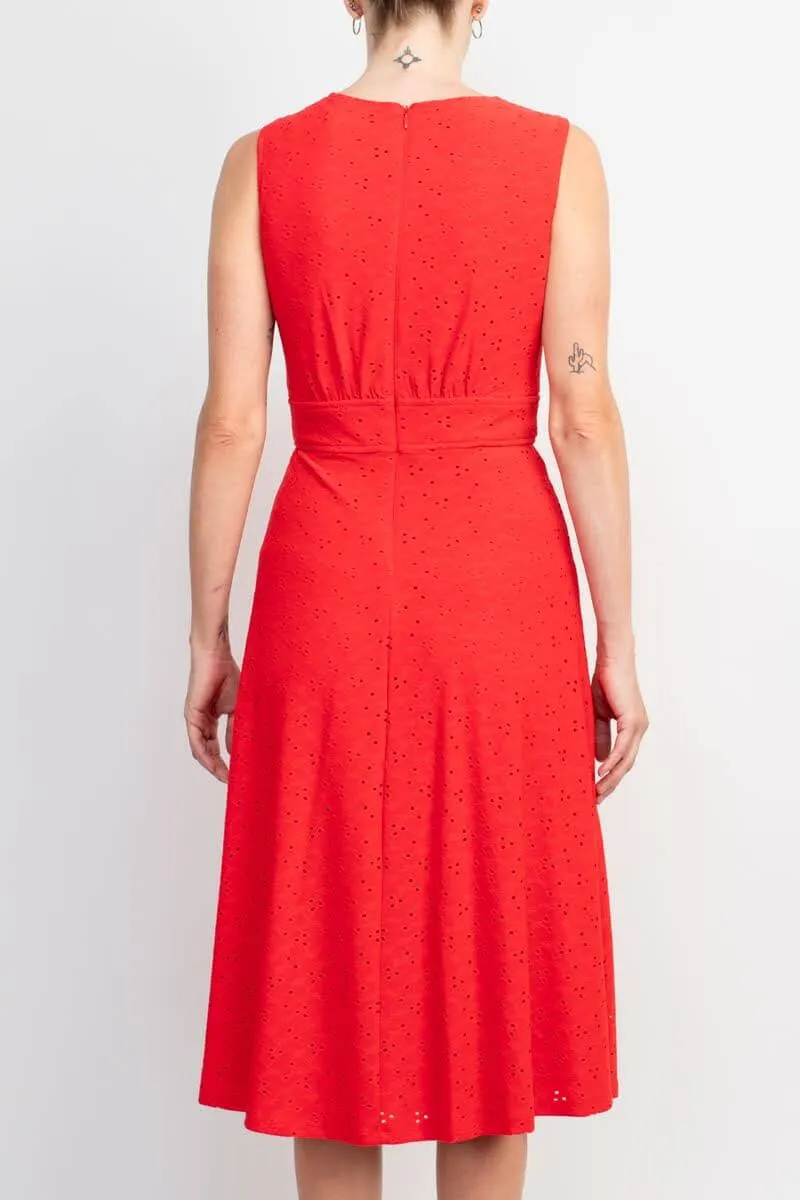 London Times Crew Neck Sleeveless Inset Waist Zipper Back Solid Fit & Flare Eyelet Embroidered Jersey Dress