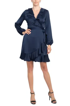 London Times V-Neck Bishop Sleeves Ruffled Warp Zipper Back Solid Charmeuse Dress